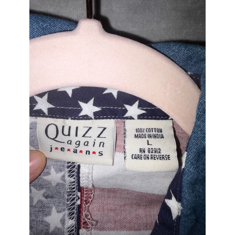 L 107- Vintage Quizz Again Jeans USA Flag Sleeveless Button Front Patriotic Top - Picture 4 of 4